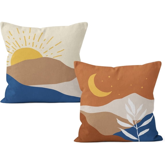 Boho Pillow Covers, Boho Sun Moon Mountains Decorative Pillowcase Throw Pillow Cover 18x18,Boho Throw Pillows,Boho Sun Desert for Sofa Bed Room Home Bedroom Decor Set of 2 Pillow Case（Orange）