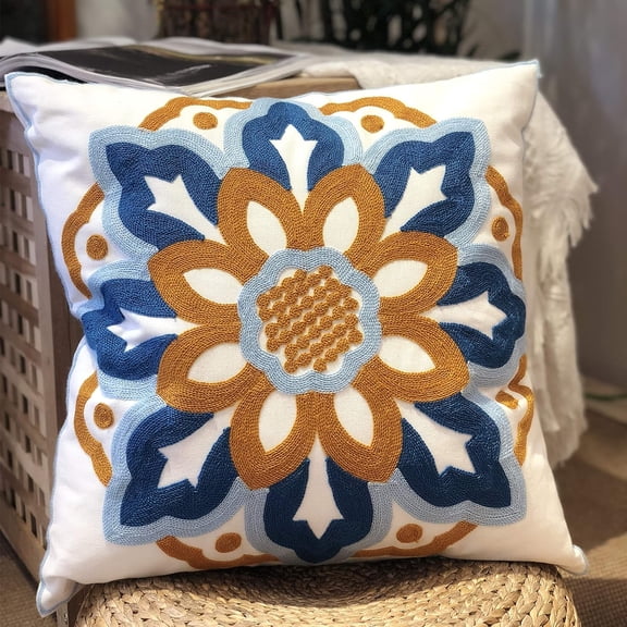 Boho Pillow Covers, Decorative Pillowcase, Square Embroidery Throw Pillows Cushion Set for Sofa Couch Bed Bench Living Room, Modern Plant Floral Pattern, 18 x18 inch (Sunflower)