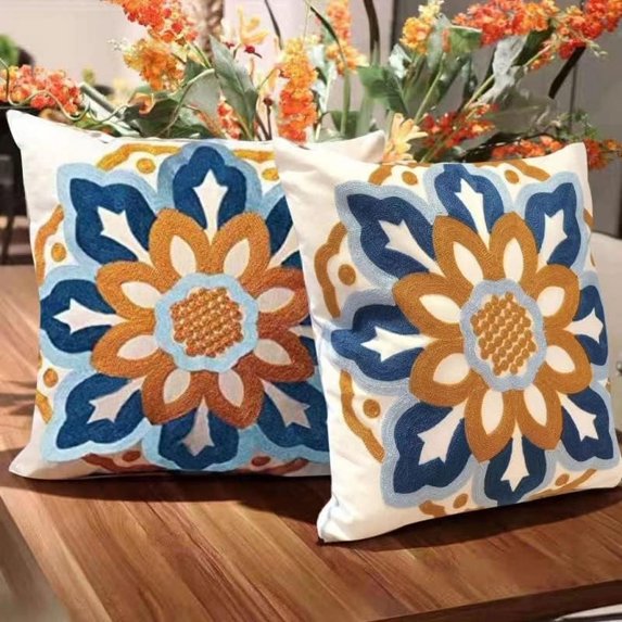 Boho Pillow Covers, Decorative Pillowcase, Square Embroidery Throw Pillows Cushion Set for Sofa Couch Bed Bench Living Room, Modern Plant Floral Pattern, 18 x18 inch (Sunflower and Sunflower)