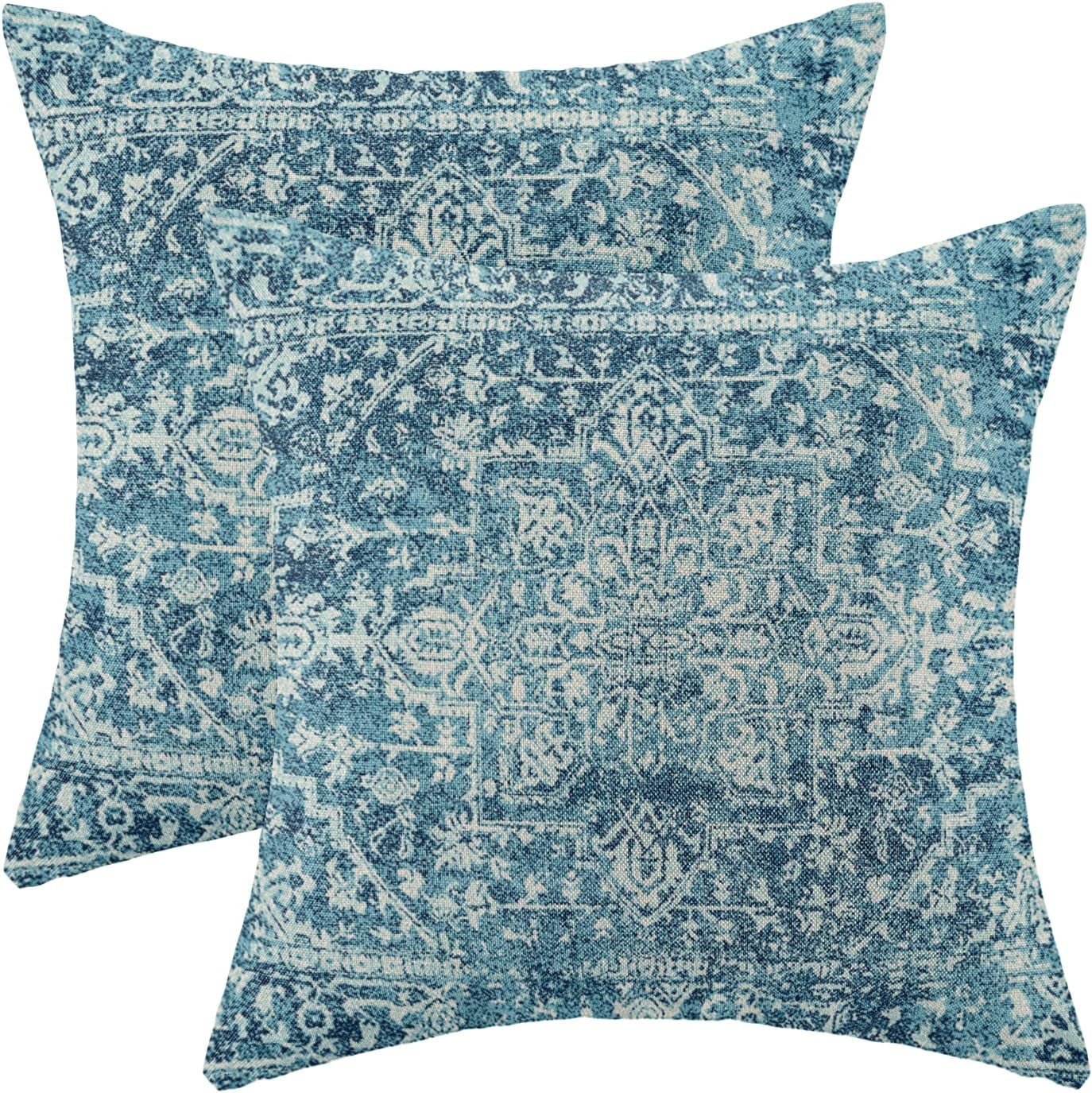 Boho Pillow Covers Set of 2 16x16 Inch Teal Carpet Pattern Decorative Throw Pillows with Linen Ethnic Design for Farmhouse Sofa Couch Outdoor Decor Add a Splash of Color