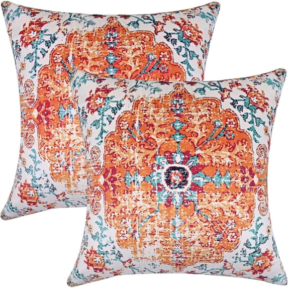 Boho Pillow Covers Square 20x20 Inch Set of 2, Orange Blue Throw Pillow Covers Velvet Carpet Pattern Decorative Pillowcase Ethnic Design Farmhouse Cushion Case for Sofa Couch Outdoor Decor