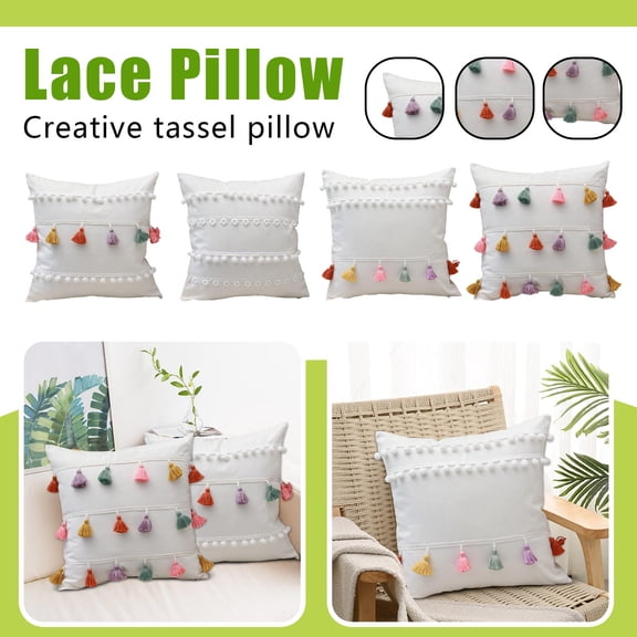 Boho Pillow, Tassel Trim, 18X18inThrow Pillow, Fluffy Pom Pom Trim, Boho Decor, Bedroom Accents, Sofa Pillow Decor, Solid White, 1 Pc