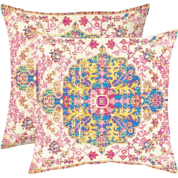 Boho Pillows Covers 18x18 Inch Set of 2 Bohemian Vintage Carpet Pattern Throw Pillows Pink Blue Ethnic Floral Medallion Decorative Outdoor Cotton Linen Cushion Cases for Home Sofa Living Room Couch