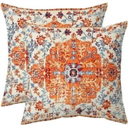 Boho Pillows Covers 18x18 Inch Set of 2 Bohemian Vintage Rust Carpet Pattern Throw Pillows Orange Blue Ethnic Floral Decorative Cotton Linen Cushion Cases for Outdoor Couch Sofa Living Room
