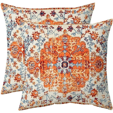 Boho Pillows Covers 18x18 Inch Set of 2 Bohemian Vintage Rust Carpet Pattern Throw Pillows Orange Blue Ethnic Floral Decorative Cotton Linen Cushion Cases for Outdoor Couch Sofa Living Room
