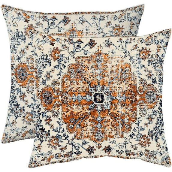 Boho Pillows Covers 20x20 Inch Set of 2 Bohemian Vintage Carpet Pattern Throw Pillows Gold Blue Ethnic Floral Medallion Decorative Cotton Linen Outdoor Cushion Cases for Home Sofa Living Room Couch