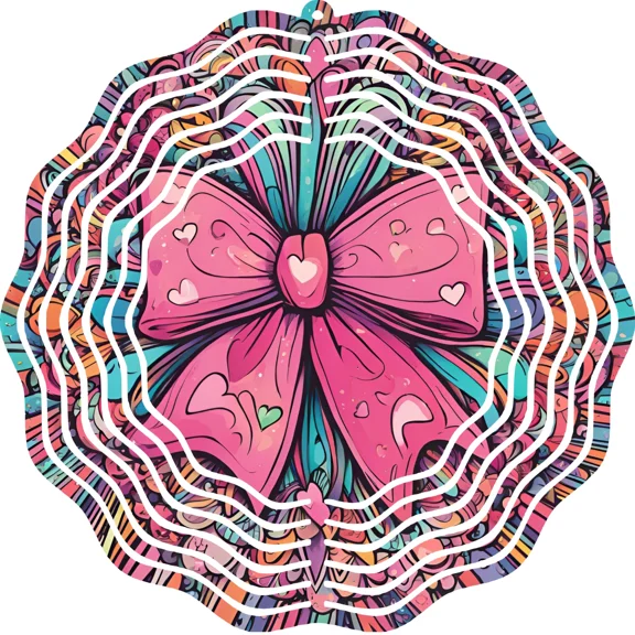 Boho Pink Bow Wind Spinner Metal Kinetic Art Garden Decor 10" Cute Yard Ornament