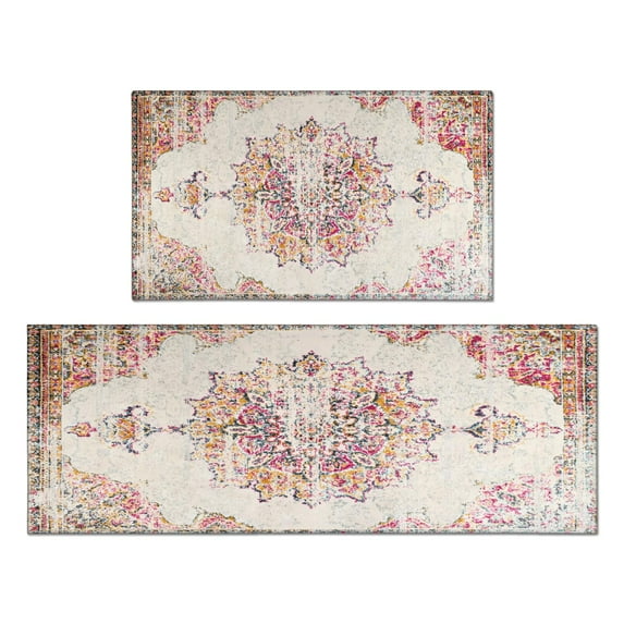 Boho Pink Carpet Kitchen Rugs and Mats Sets Of 2, Funny Kitchen Decoration Rubber Backing Non-Slip Absorbent Mats for Sink Waterproof Runner Rug for Laundry Room 17x30+17x48inch
