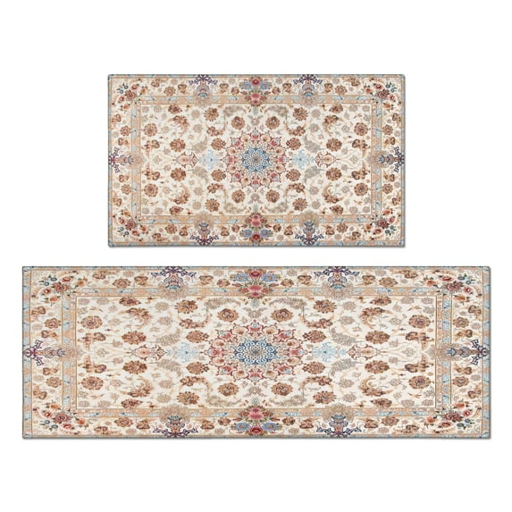 Boho Pink Carpet Kitchen Rugs and Mats Sets Of 2, Funny Kitchen Decoration Rubber Backing Non-Slip Absorbent Mats for Sink Waterproof Runner Rug for Laundry Room 17x30+17x48inch