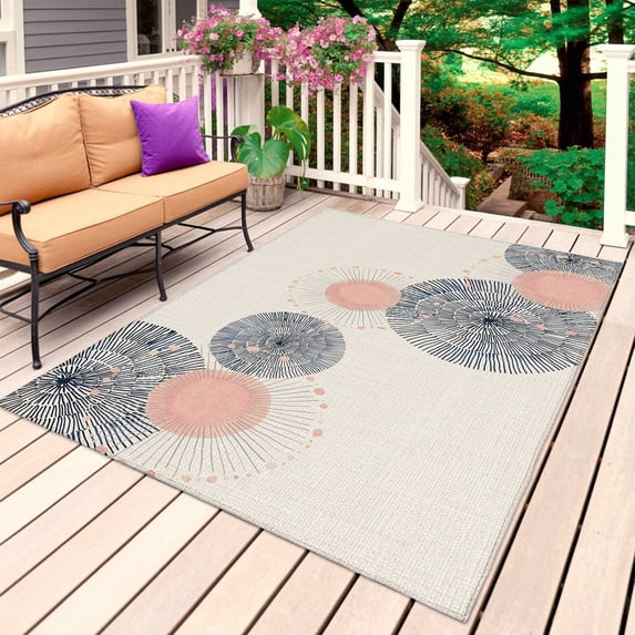 Boho Pink Cream Outdoor Rug for Patio/Deck/Porch, Non-Slip Large Area Rug 5 x 7 Ft, Geometric Contemporary Art Indoor Outdoor Rugs Washable Area Rugs, Reversible Camping Rug Carpet Runner