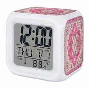 Boho Pink Digital Alarm Clock for Bedrooms,Smart LED Alarm Clock with 7 Color Night Light,Middle Century Boho Geometric Abstract Southwestern Silent Wake Up Clocks for Sleep Study Cooking 3.2"x3.2"