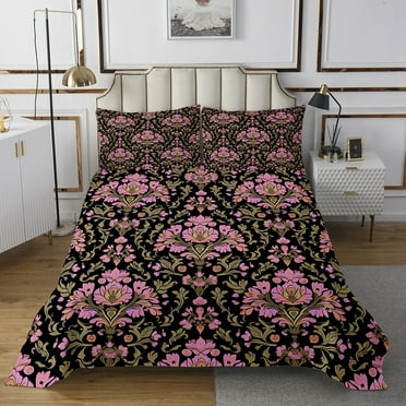 Boho Pink Floral Bedspread Set Twin,Exotic Paisley Bedding Set,Aesthetic Retro Flower Coverlet Set,Bohemian Geometric Watercolor Blossom Bed Set