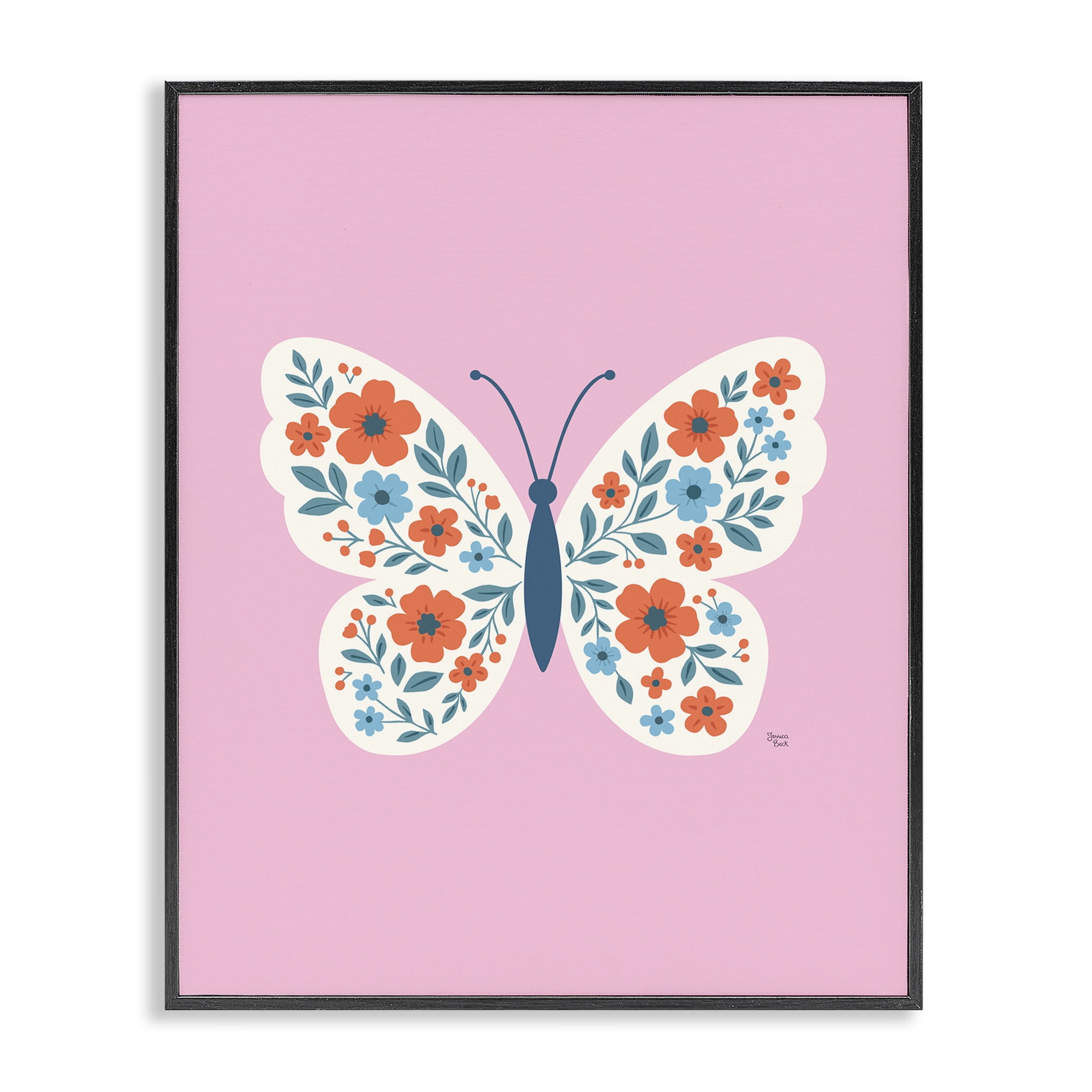 Boho Pink Floral Butterfly Black Framed Giclee Art, design by Jessica Beck