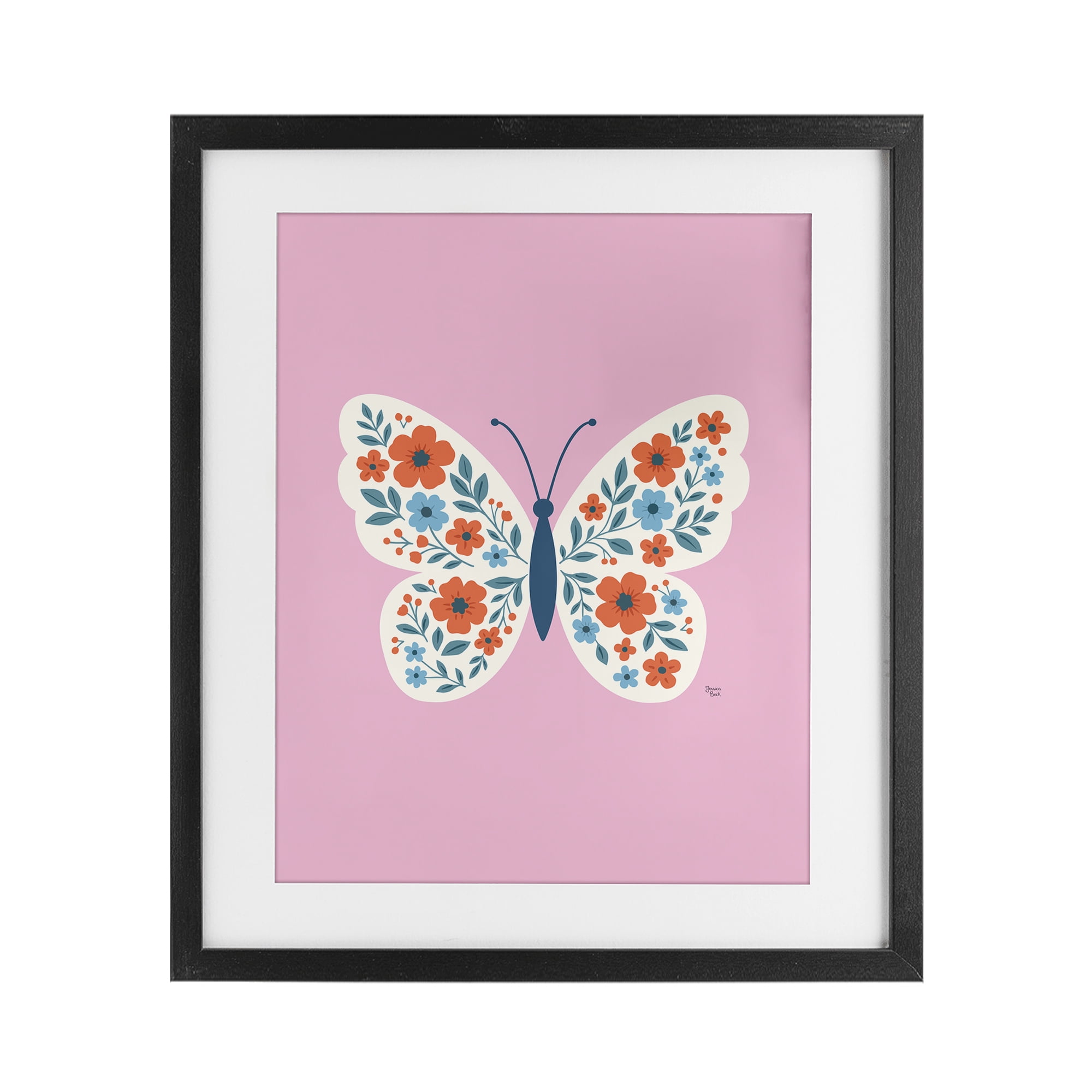 Boho Pink Floral Butterfly Black Framed Print Under Glass, design by Jessica Beck