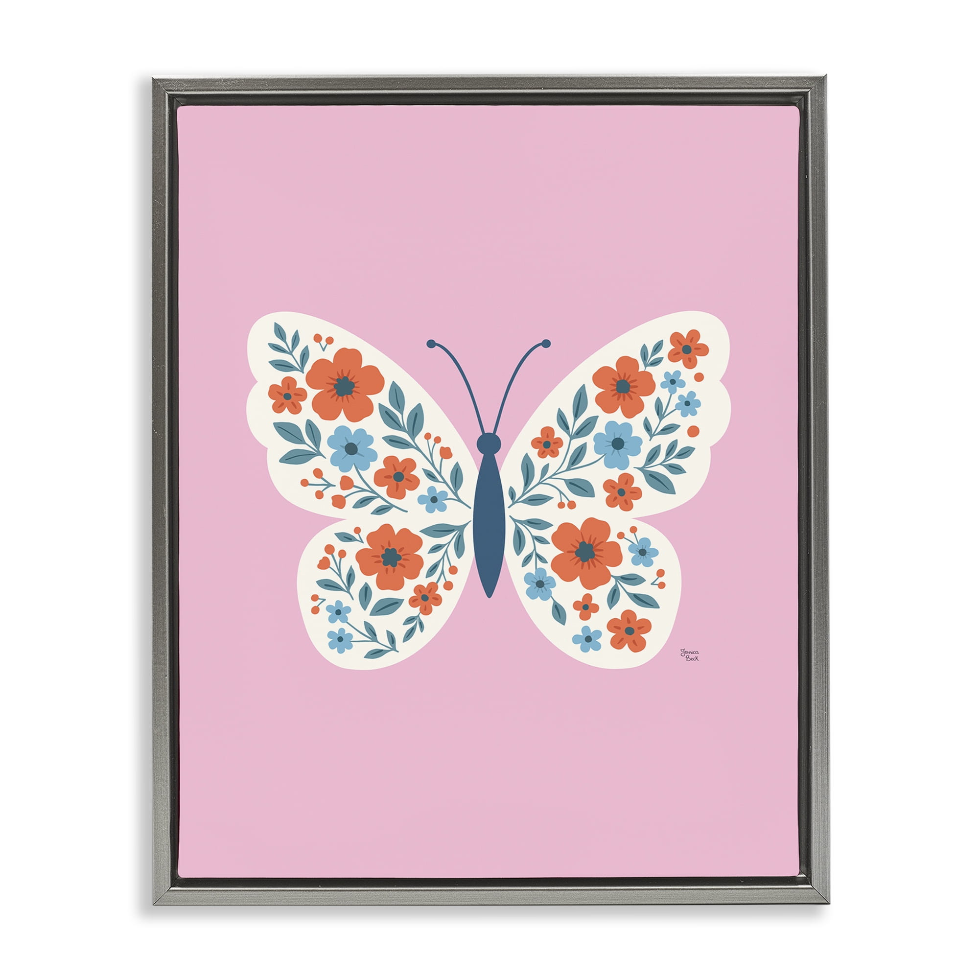 Boho Pink Floral Butterfly Gray Framed Floater Canvas Wall Art, design by Jessica Beck