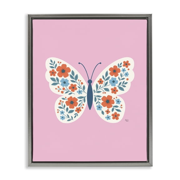Boho Pink Floral Butterfly Gray Framed Floater Canvas Wall Art, design by Jessica Beck