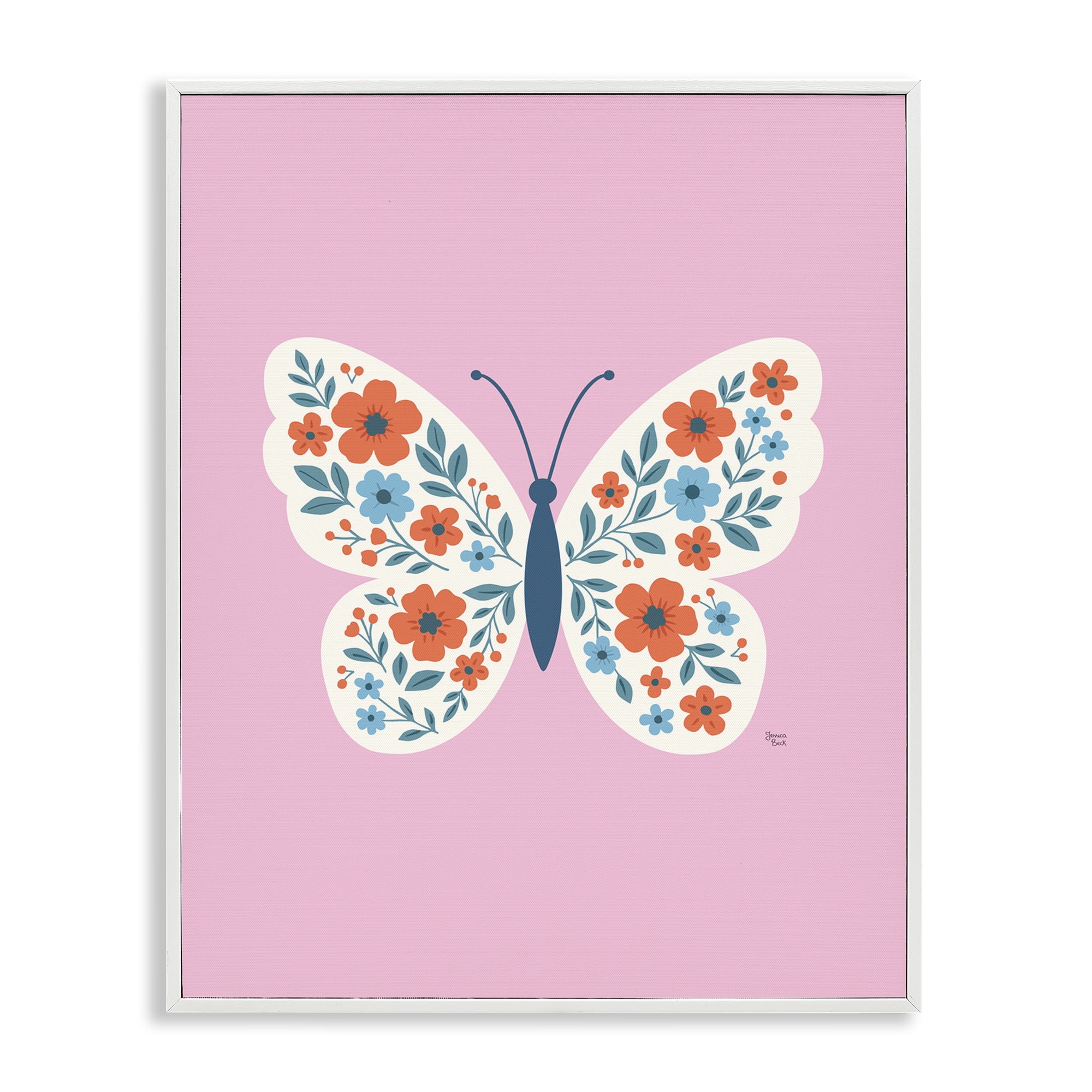 Boho Pink Floral Butterfly White Framed Giclee Art, design by Jessica Beck