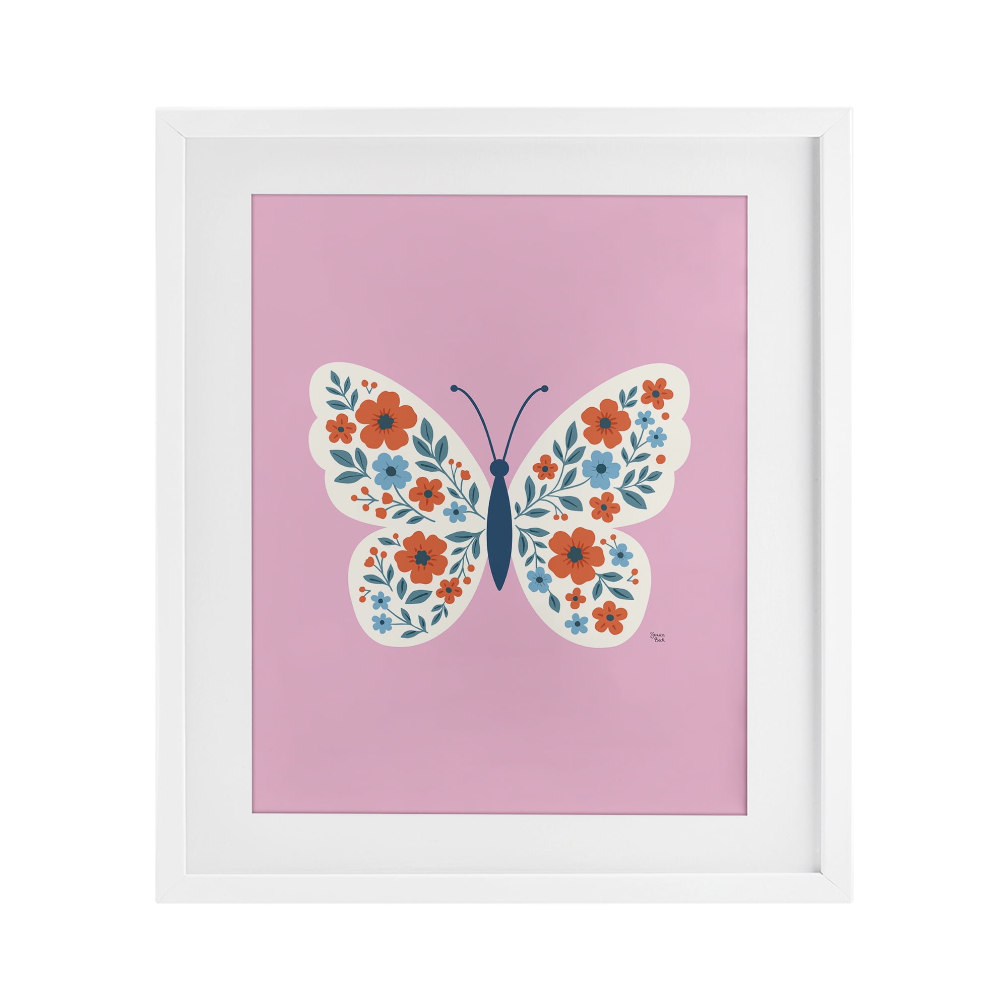 Boho Pink Floral Butterfly White Framed Print Under Glass, design by Jessica Beck