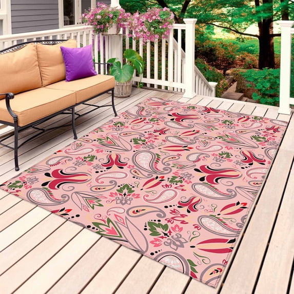 Boho Pink Floral Outdoor Rug 5x8 Ft, Non Slip Washable Area Rug, Farmhouse Botanical Vintage Paisley Flower Patio Rugs Carpet Runner, Large Floor Mat for Indoor/Outdoor Deck Porch Camping