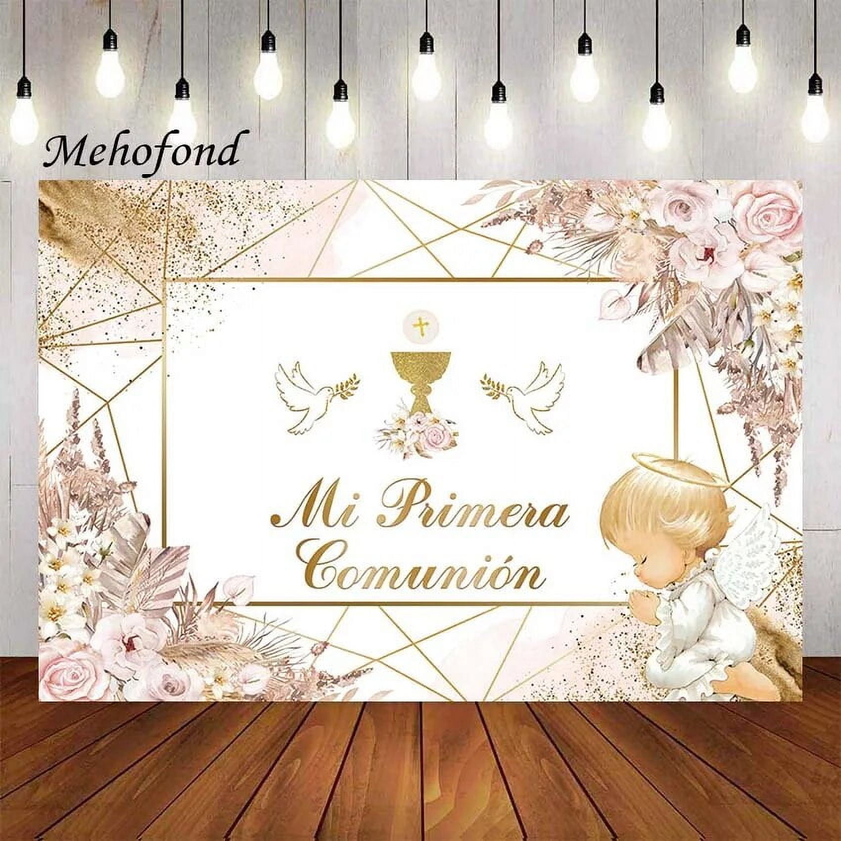 10x7ft Baptism Backdrop - Boho Pink Dove Design For First Communion, Christening, Baby Shower Photography
