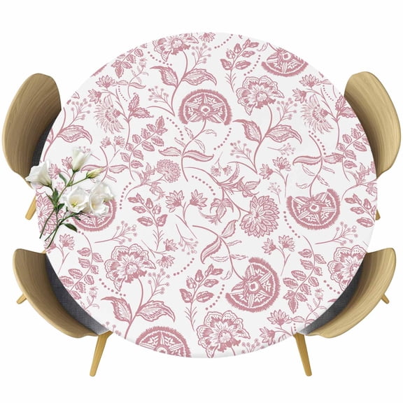 Boho Pink Floral Round Tablecloth 36-44 Inch Round Fitted Table Cloth with Elastic Edge, Vintage Farmhouse Paisley Plant Leaf Waterproof Table Cover Protector for Outdoor Picnic Party Dining
