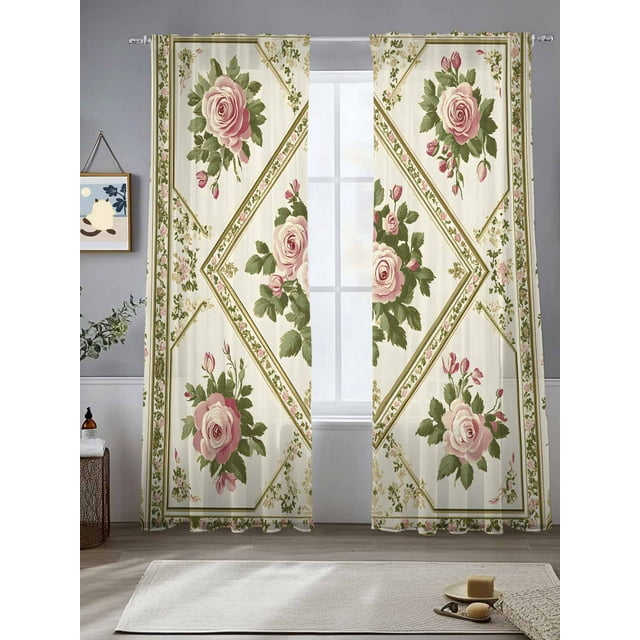 Boho Pink Floral Sheer Curtains for Living Room Bedroom Spring Vintage