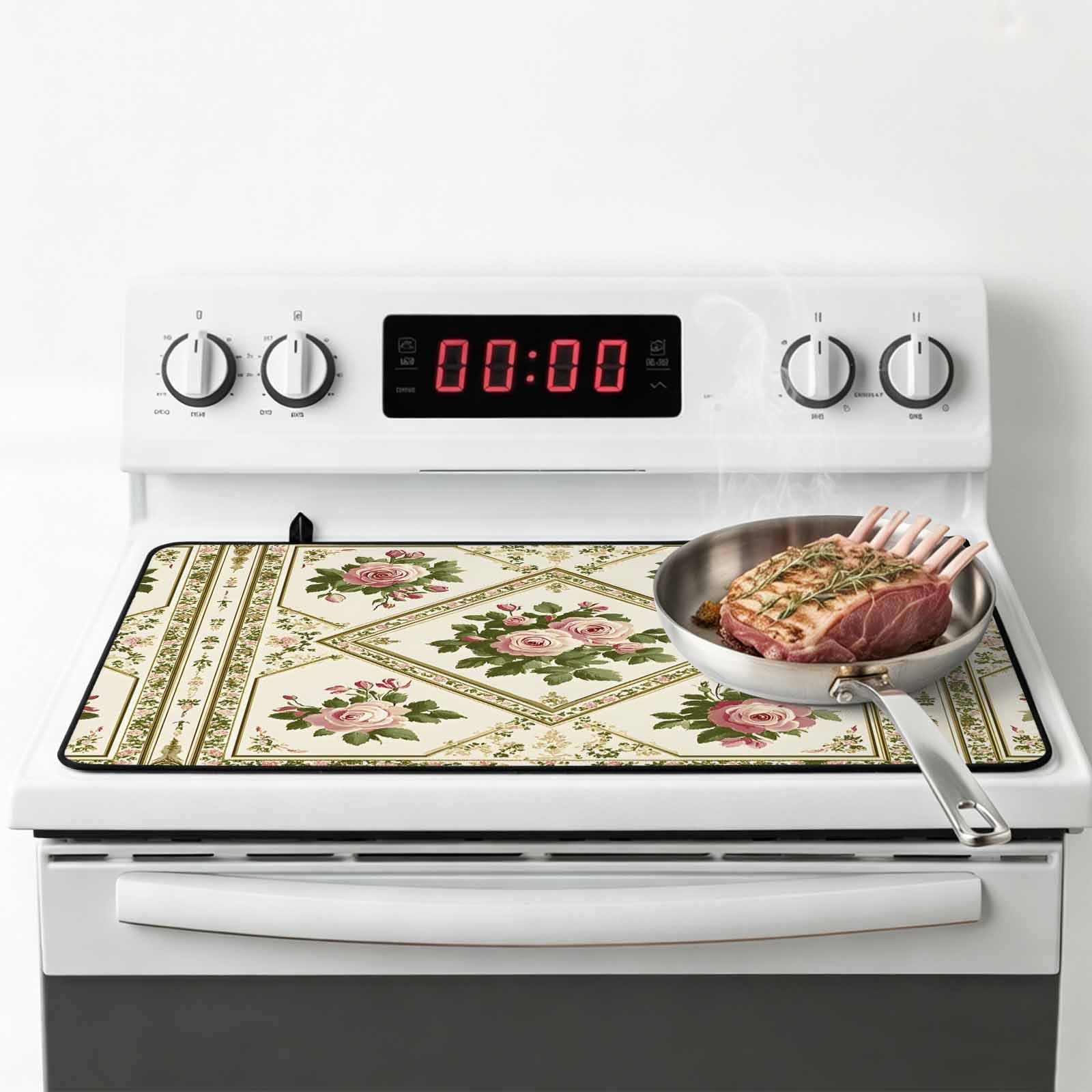 Boho Pink Floral Stove Top Cover for Electric Stove, Heat-proof & Non Slip Glass Top Stove Cover Protector, Spring Vintage Flower Green Leaf Kitchen Flat Cooktop Rubber Mat 24x21 Inches
