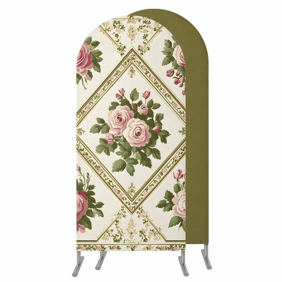 Boho Pink Floral Wedding Arch Cover, Stretchy Spandex Arch Backdrop Stand Covers 7.2 FT, Spring Vintage Flower Green Leaf Round Top Arched Backdrop Cover for Birthday Party Ceremony Baby Shower Event