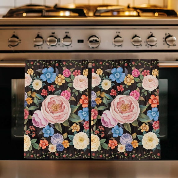 Boho Pink Flower Kitchen Towels Set of 4, Spring Watercolor Country Floral Plant Absorbent Dish Towels for Kitchen, Microfiber Hand Towel, Quick Drying Tea Towel for Cleaning Decorative Dishcloths