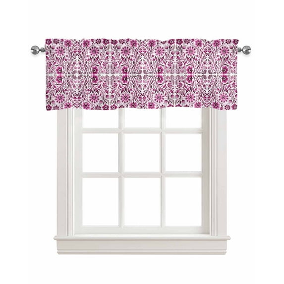 Boho Pink Flower Linen Curtain Valance for Bedroom/Bathroom/Kitchen/Office/Living/Dining Room Windows,Spring Leaves Modern Minimalist White Pocket Topper Drapes Decorative Cafe Drapery Panel 60x18