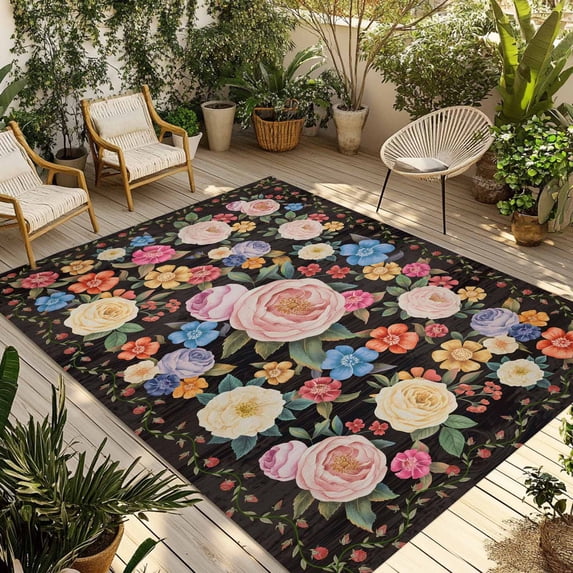 Boho Pink Flower Outdoor Rug for Patio/Deck/Porch, Non-Slip Large Area Rug 4 x 6 Ft, Spring Watercolor Country Floral Plant Indoor Outdoor Rugs Washable Area Rugs, Camping Rug Carpet Runner