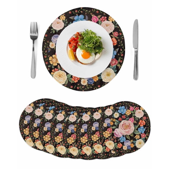 Boho Pink Flower Round 15 Inch Placemats Set of 8, Spring Watercolor Country Floral Plant HeatResistant Non Slip Place Mats for Dining Table, Wipeable Braided Kitchen Table Mats for Housewarming