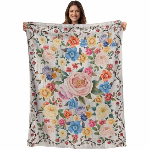 Boho Pink Flowers Blanket Soft Cozy Warm Throw Blanket for Couch, Plush Fuzzy Flannel Fleece Blankets for Sofa, Colorful Floral Spring Vintage Botanical Bed Blankets Gifts for Men, 32"x48"