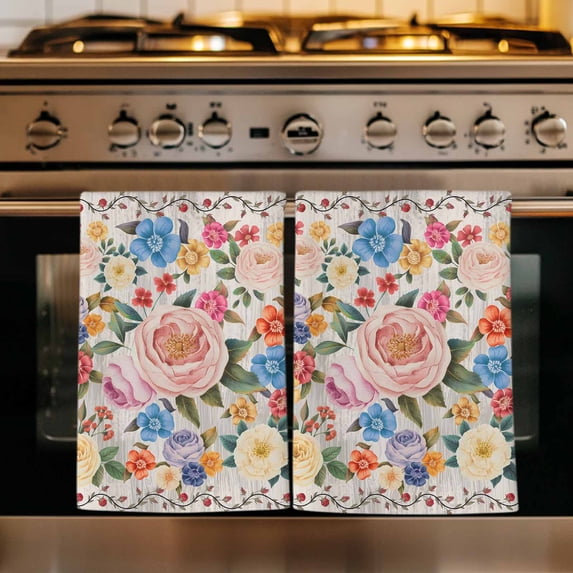 Boho Pink Flowers Kitchen Towels Set of 4, Colorful Floral Spring Vintage Botanical Absorbent Dish Towels for Kitchen, Microfiber Hand Towel, Quick Drying Tea Towel for Cleaning Decorative Dishcloths