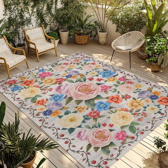 Boho Pink Flowers Outdoor Rug for Patio/Deck/Porch, Non-Slip Large Area Rug 5 x 7 Ft, Colorful Floral Spring Vintage Botanical Indoor Outdoor Rugs Washable Area Rugs, Camping Rug Carpet Runner