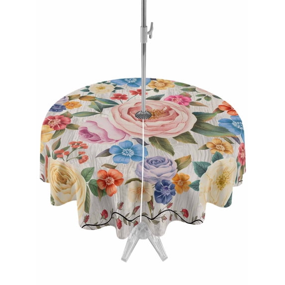 Boho Pink Flowers Outdoor Tablecloth - 60 Inch Round Dining Table Cover, Colorful Floral Spring Vintage Botanical Waterproof Outdoor Table Cloth with Umbrella Hole & Zipper for Picnic/Patio/Party