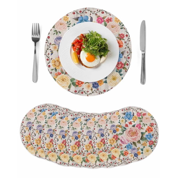 Boho Pink Flowers Round 15 Inch Placemats Set of 8, Colorful Floral Spring Vintage Botanical HeatResistant Non Slip Place Mats for Dining Table, Wipeable Braided Kitchen Table Mats for Housewarming