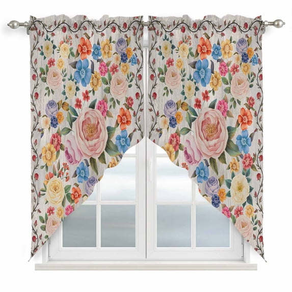 Boho Pink Flowers Swag Curtains for Kitchen/Bedroom/Living Room, Colorful Floral Spring Vintage Botanical Scalloped Curtains 63 Inch Long, Window Swag Topper Curtains Valances 2 Panels Set 36"x63"
