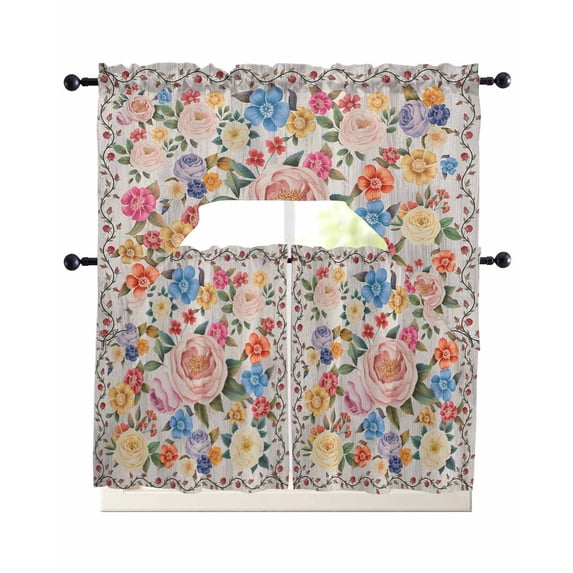 Boho Pink Flowers Swag Kitchen Curtains Sets for Windows 24 Inch Length, Colorful Floral Spring Vintage Botanical Short Window Curtain Panels Swags Valances and Tiers 3 Piece Set for Cafe/Dining Room
