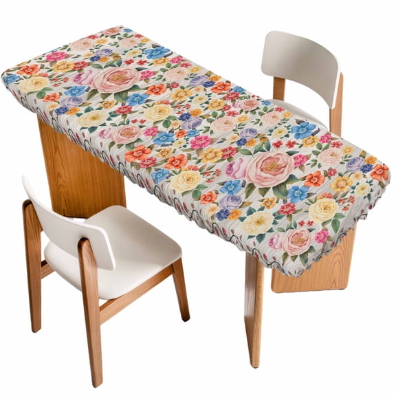 Boho Pink Flowers Table Cloths for 8 Foot Rectangle Tables, Colorful Floral Spring Vintage Botanical Patio Waterproof Elastic Fitted Tablecloths, Washable Rectangular Table Cover for Camping