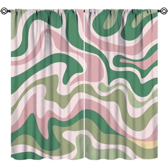 Boho Pink Green Curtains, Abstract Groovy Spiral Swirl Modern Waves Aesthetic Cute1970s Retro Print Window Drapes for Living Room Kids Bedroom 52x84in
