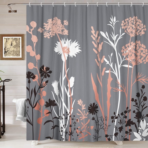 Boho Pink Grey Floral Shower Curtain, Vintage Black White Flower Shower Curtain, Fun Abstract Rustic Wildflower Plant Botanical Silhouette Farmhouse Shower Curtain for Bathroom 12PCS Hooks, 70X70IN