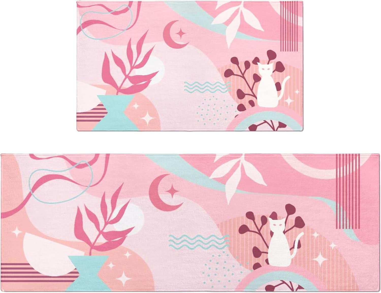 Boho Pink Kitchen Mats for Floor Set of 2, Cat Abstract Floor Mat Carpet Runner Area Rug Washable, Pink Home Kitchen Decor and Accessories Stuff, 17x30 and 17x47 Inch