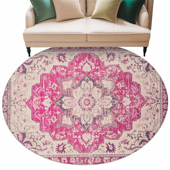 Boho Pink Large Area Rugs for Bedroom Living Room, Soft Non Slip Carpet Bedside Rug, Middle Century Boho Geometric Abstract Southwestern Round Floor Cover Kitchen Accent Rug 8' for Dining Room/Office
