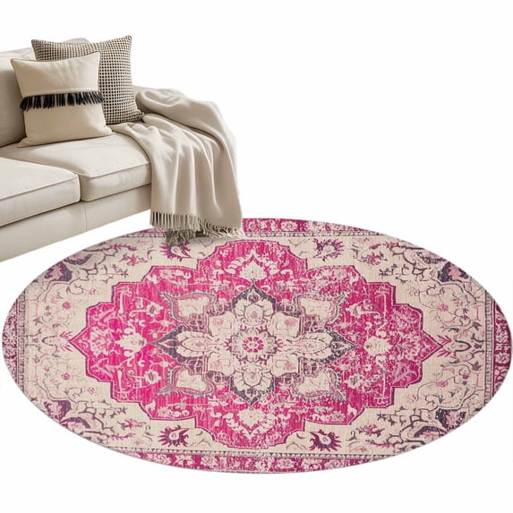 Boho Pink Large Area Rugs for Bedroom Living Room, Soft Non Slip Carpet Bedside Rug, Middle Century Boho Geometric Abstract Southwestern Round Floor Cover Kitchen Accent Rug 4' for Dining Room/Office