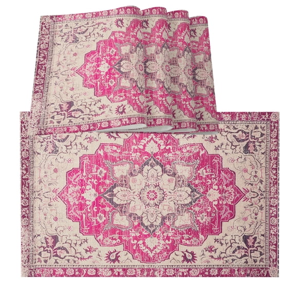 Boho Pink Placemats for Dinning Table Set of 4,Middle Century Boho Geometric Abstract Southwestern Burlap Kitchen Place Mats Waterproof Cloth Table Mats,Indoor Outdoor Placemats Dinner Decor