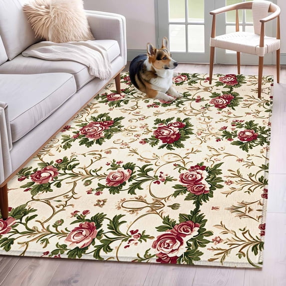Boho Pink Red Floral Area Rug 3x5 Washable Rug Non Slip Farmhouse Vintage Flower Green Leaf Large Area Rug Indoor Floor Carpet for Entryway Bedroom Kitchen Living Room Home Office Dining Room Nursery