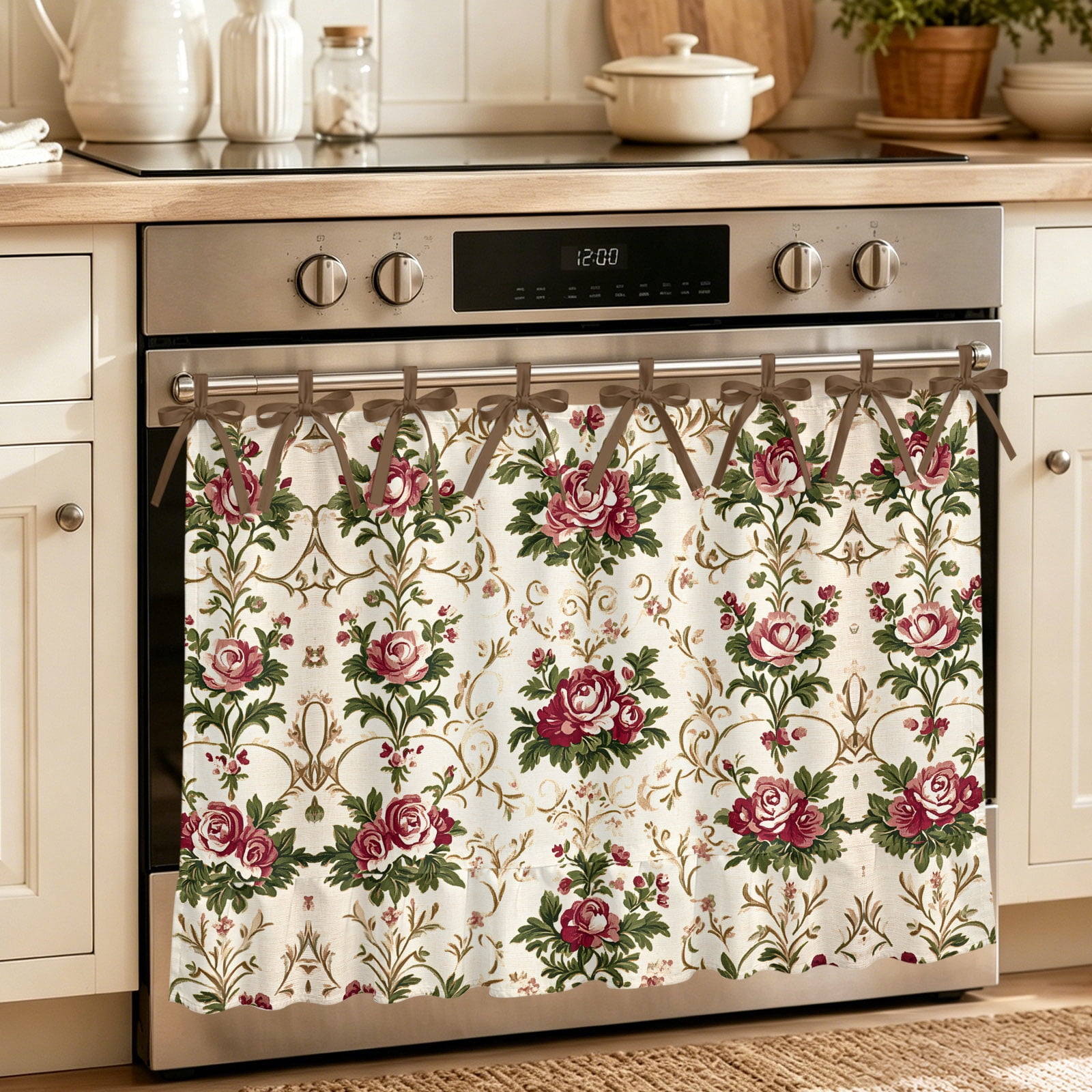 Oven Ribbon Boho Pink Red Floral Oven Skirt Curtain 32
