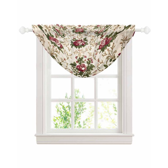 Boho Pink Red Floral Sheer Waterfall Valance Curtains for Window, Farmhouse Vintage Flower Green Leaf Rod Pocket Sheer Topper Swag Curtains for Living Room, Kitchen 38.5"W x 47.2"L, 1 Panel