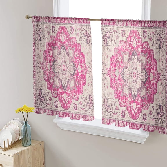 Boho Pink Sheer Curtains 45 Inch Length 2 Panels Set for Living Room/Bedroom, Middle Century Boho Geometric Abstract Southwestern Curtain Drapes Rod Pocket Curtains Window Treatment 52''x45''x2